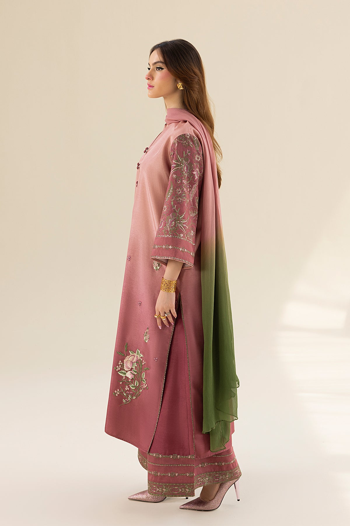 Blush Ombre Embroidered Tassel Silk Salwar Kameez (3-Piece) - Image 4