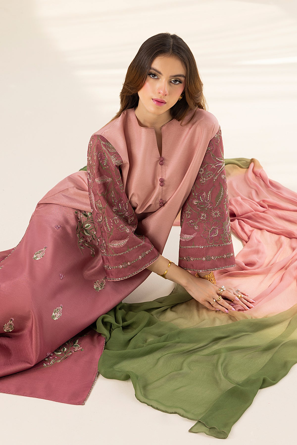 Blush Ombre Embroidered Tassel Silk Salwar Kameez (3-Piece) - Image 5