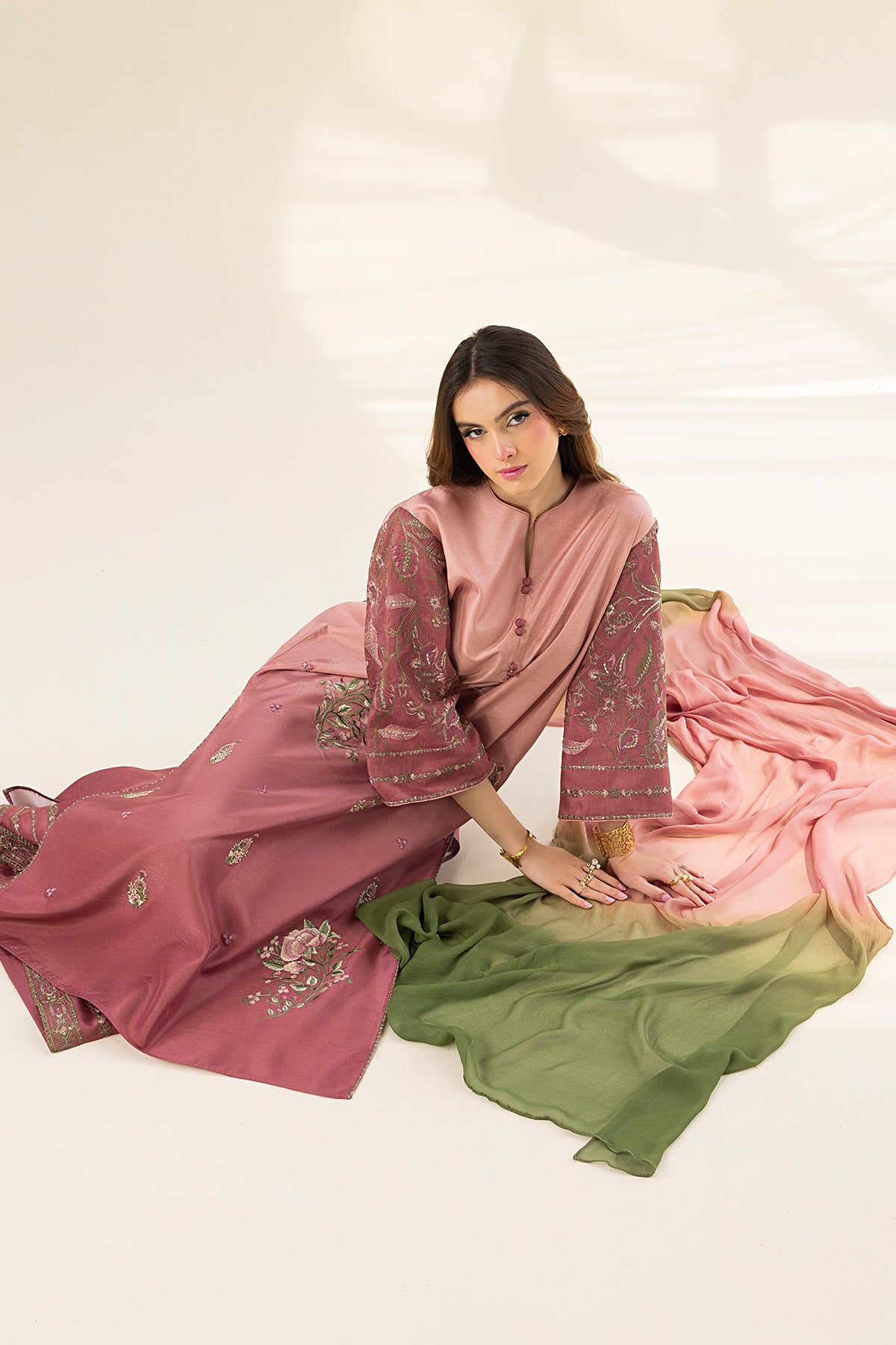 Blush Ombre Embroidered Tassel Silk Salwar Kameez (3-Piece) - Image 6