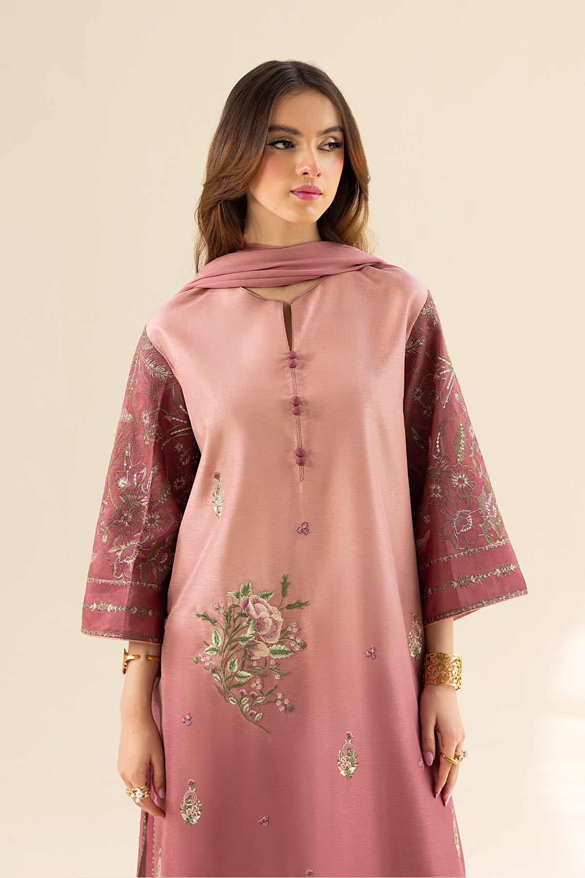 Blush Ombre Embroidered Tassel Silk Salwar Kameez (3-Piece) - Image 9