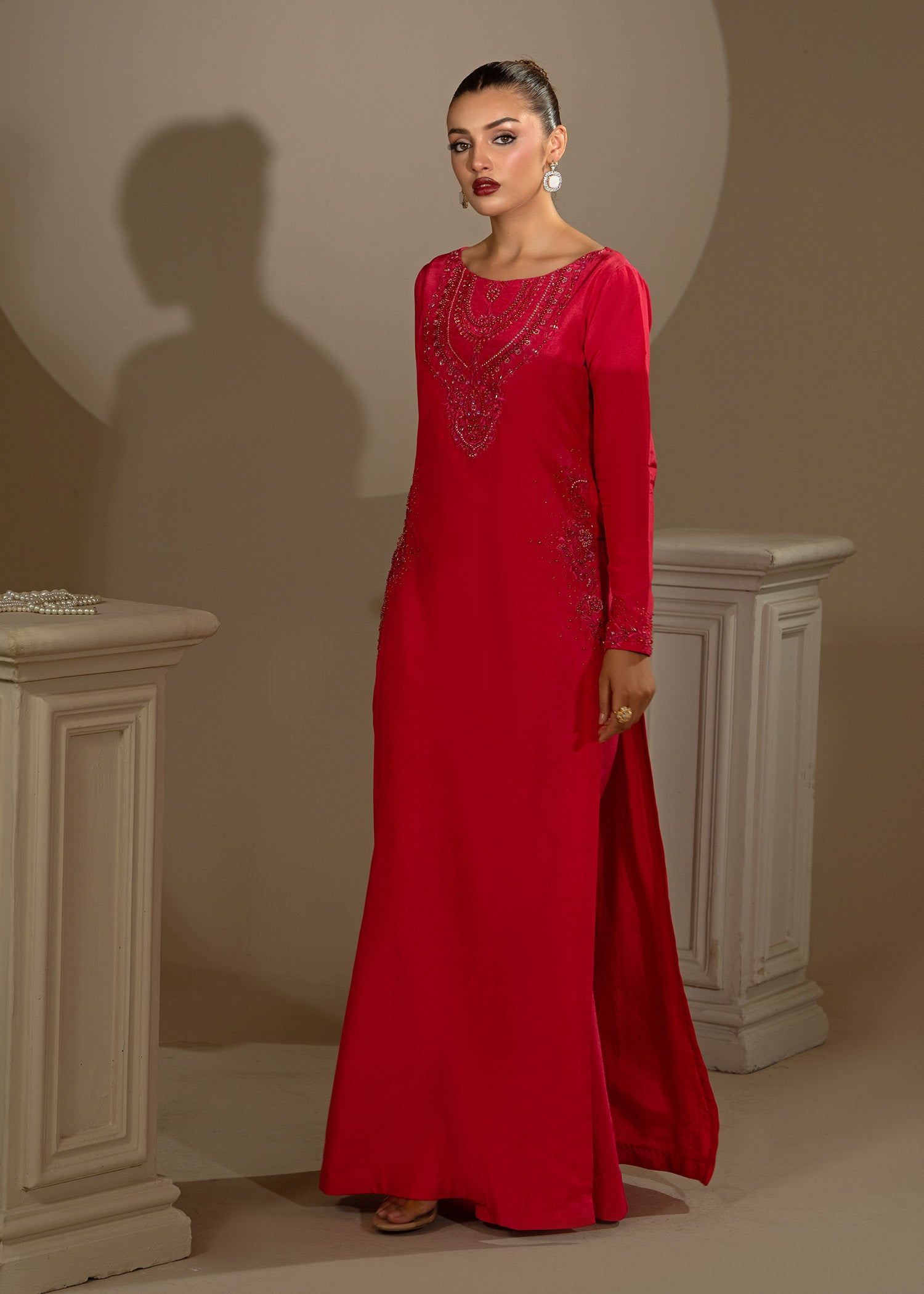 Pakistani Shocking Pink Embroidered Thai Silk Salwar Kameez (3-Piece) - Image 1