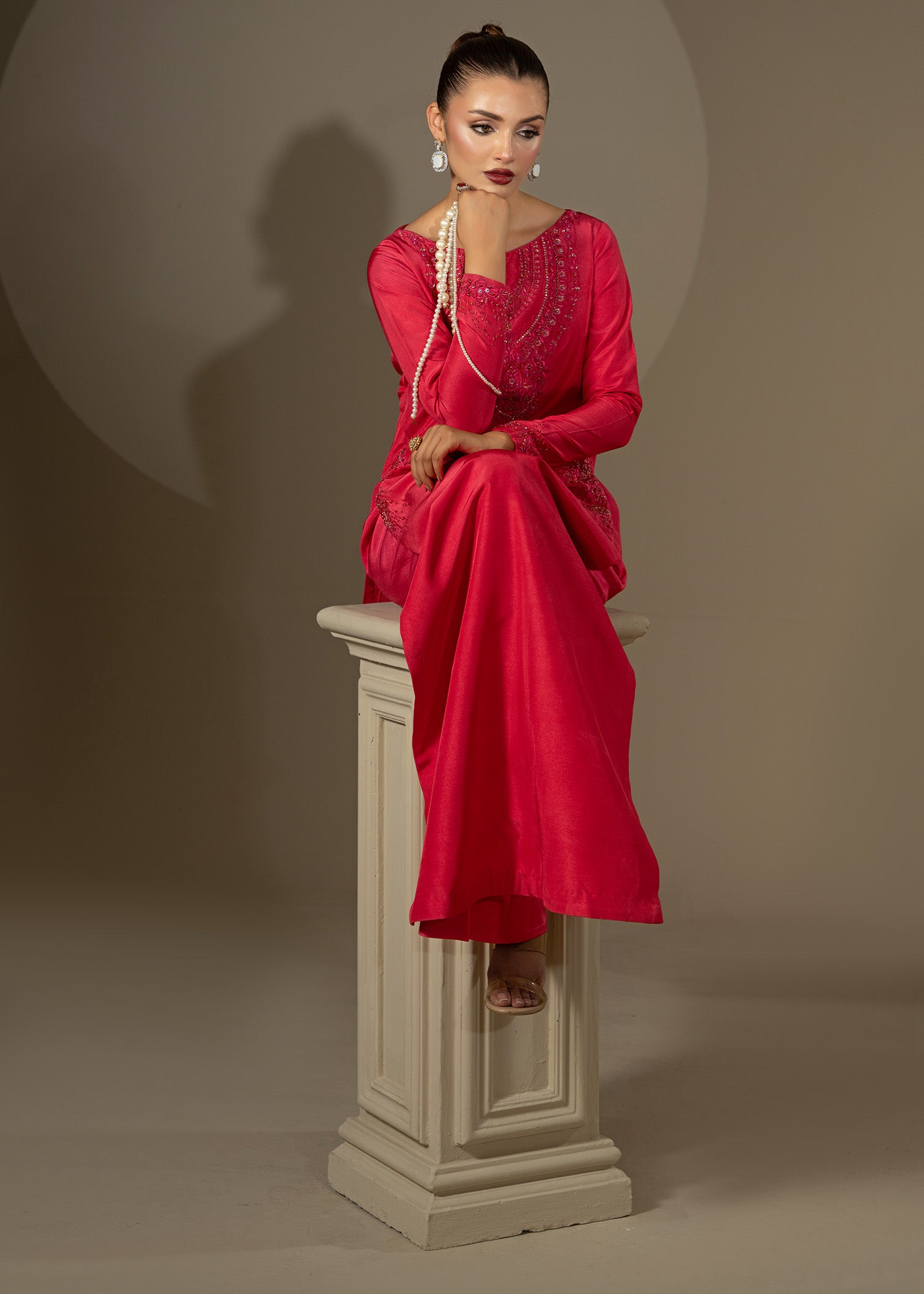 Pakistani Shocking Pink Embroidered Thai Silk Salwar Kameez (3-Piece) - Image 10