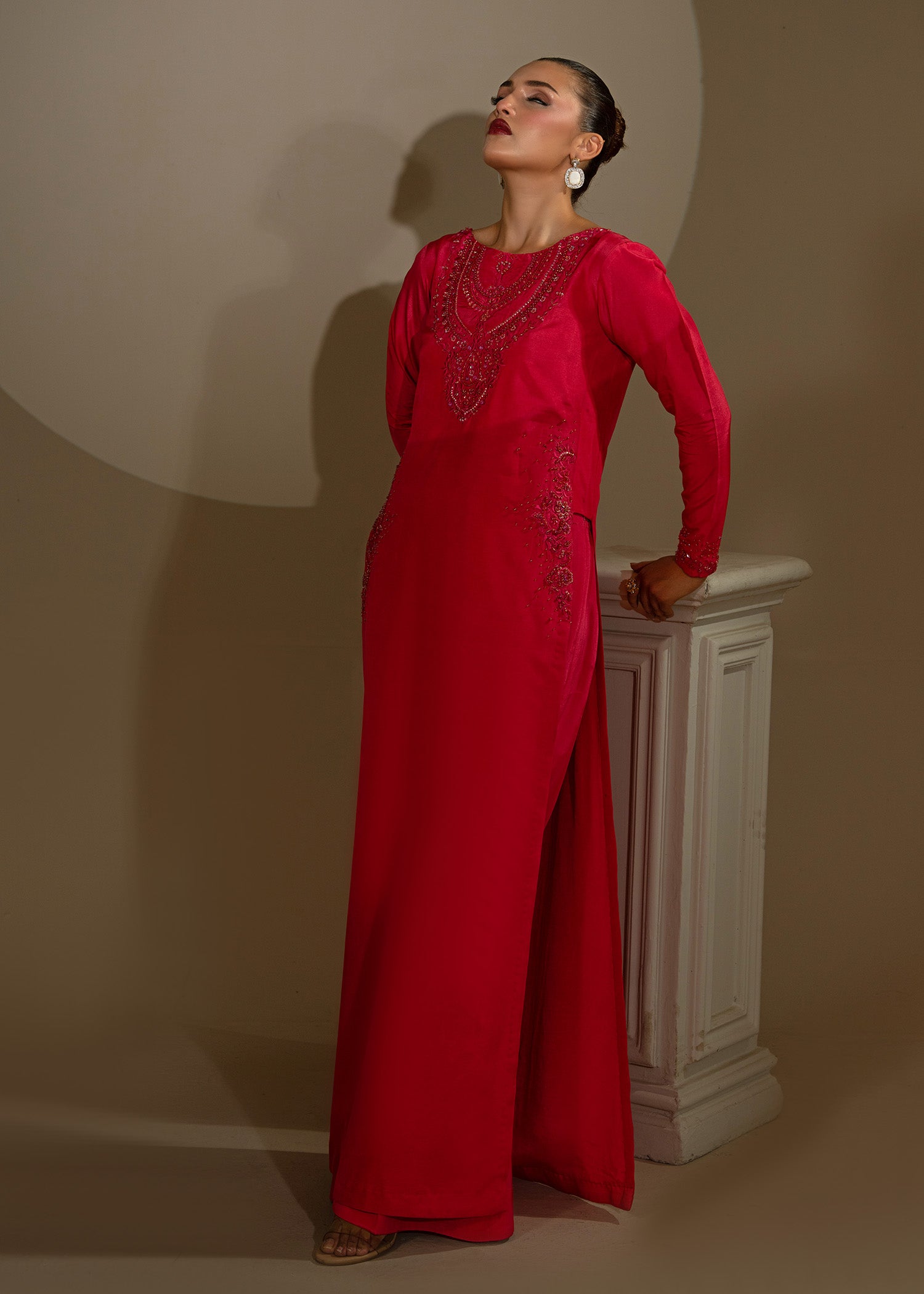 Pakistani Shocking Pink Embroidered Thai Silk Salwar Kameez (3-Piece) - Image 11