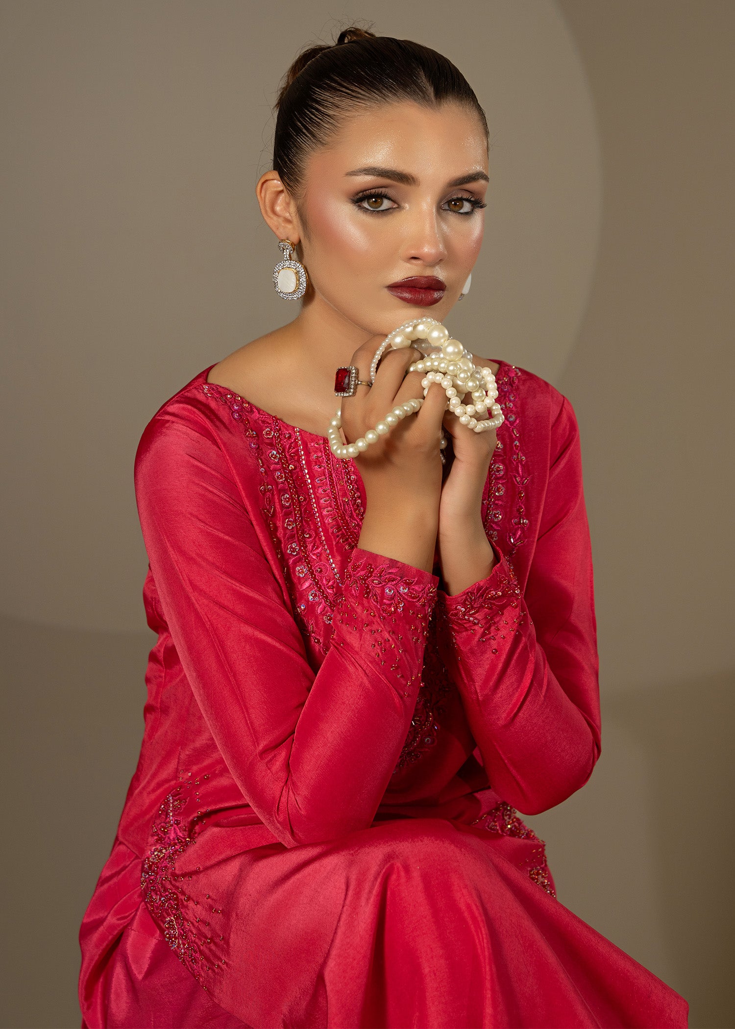 Pakistani Shocking Pink Embroidered Thai Silk Salwar Kameez (3-Piece) - Image 2