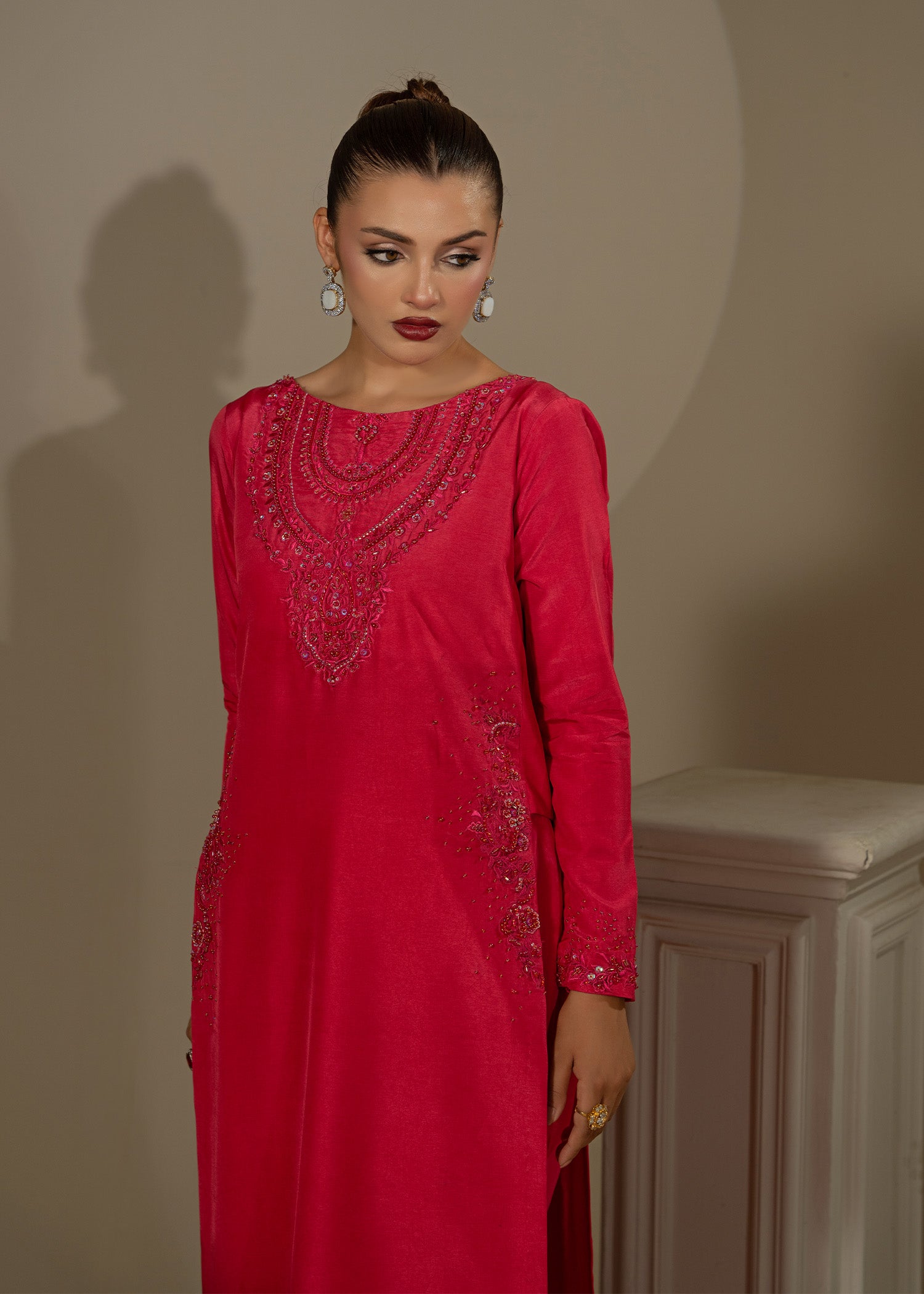 Pakistani Shocking Pink Embroidered Thai Silk Salwar Kameez (3-Piece) - Image 3