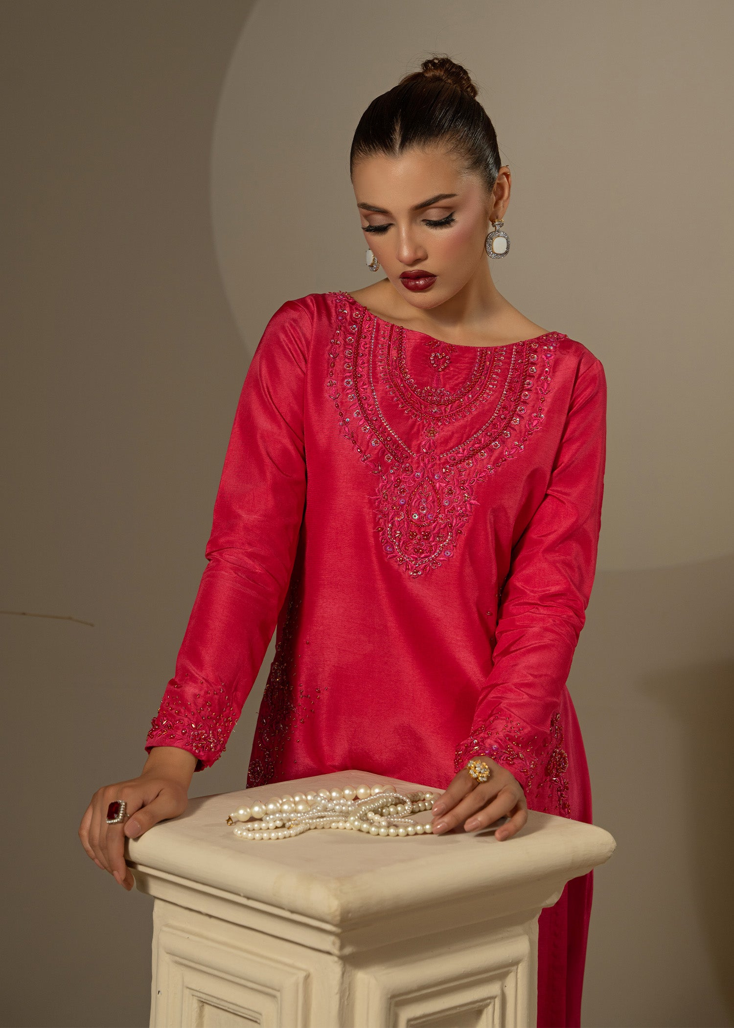 Pakistani Shocking Pink Embroidered Thai Silk Salwar Kameez (3-Piece) - Image 5