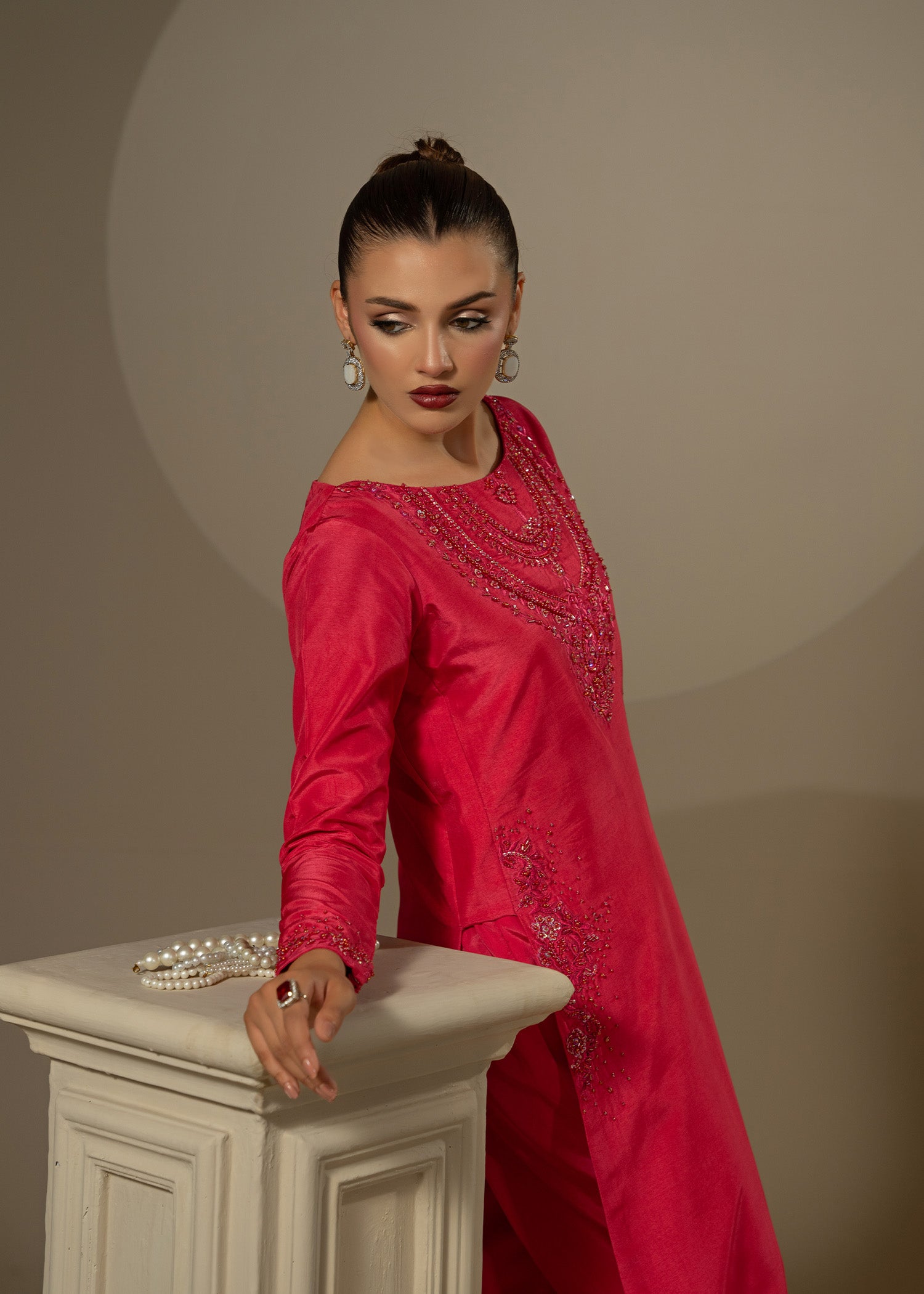 Pakistani Shocking Pink Embroidered Thai Silk Salwar Kameez (3-Piece) - Image 6