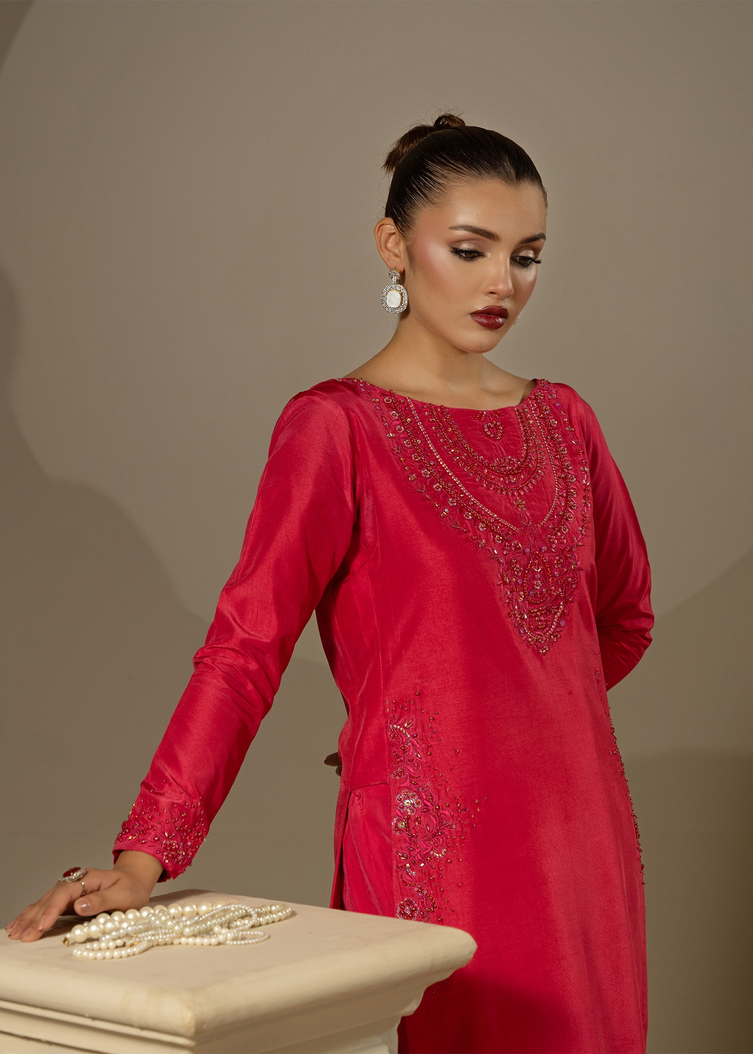 Pakistani Shocking Pink Embroidered Thai Silk Salwar Kameez (3-Piece) - Image 7
