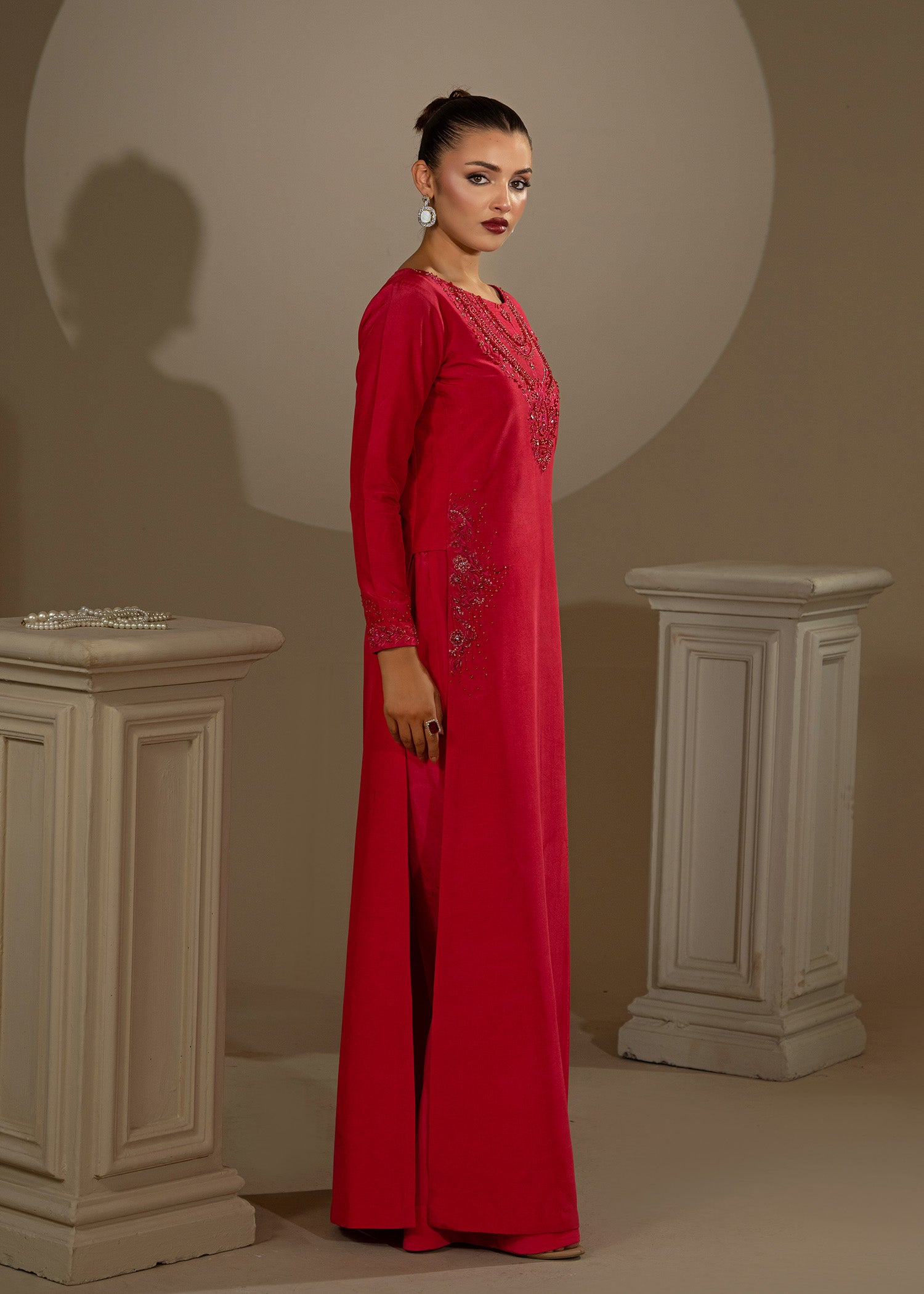 Pakistani Shocking Pink Embroidered Thai Silk Salwar Kameez (3-Piece) - Image 8