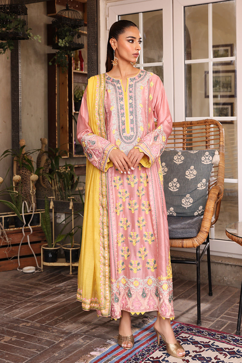 Pakistani Soft Pink Embroidered Long Shirt (3-Piece) - Image 1