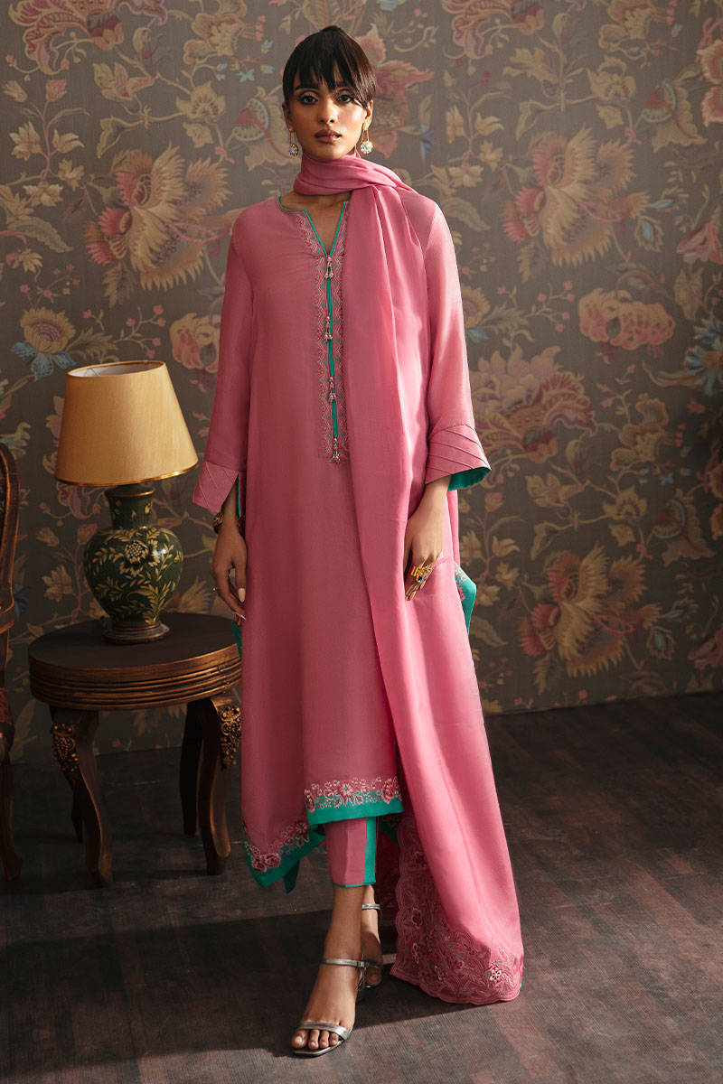 Flamingo Pink Embroidered Long Shirt Salwar Kameez (3-Piece) - Image 1