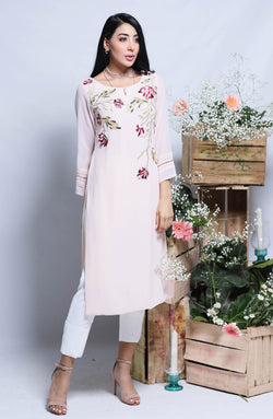 Pakistani Rose Pink Floral Embroidered Straight-Cut Tunic (1-Pc) - Image 1