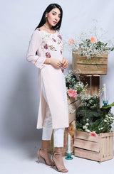 Pakistani Rose Pink Floral Embroidered Straight-Cut Tunic (1-Pc) - Image 3