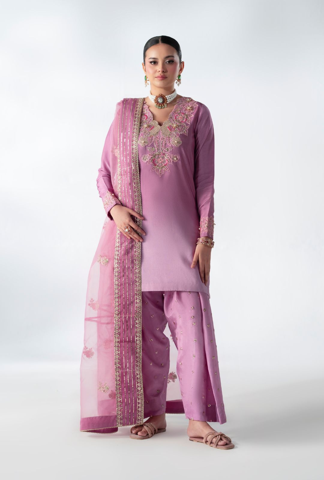 Shaded Pink Embroidered Tussle Silk Salwar Kameez (3-Piece) - Image 1