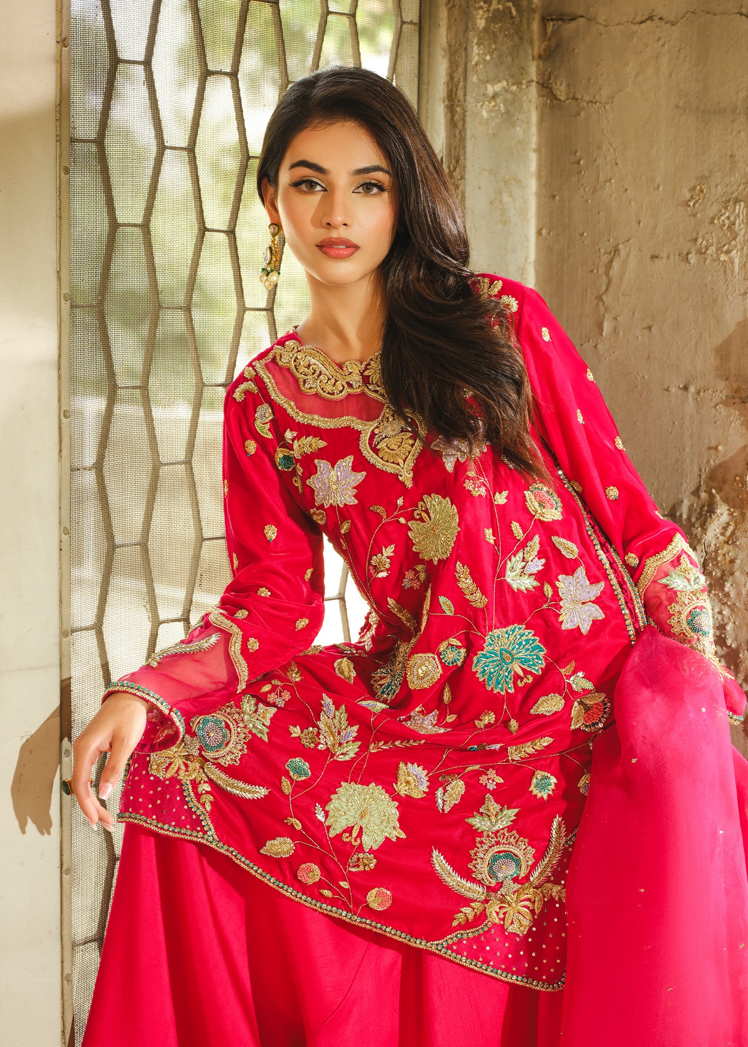 Pakistani Fuchsia Pink Embroidered Velvet Salwar Kameez (3-Piece) - Image 2