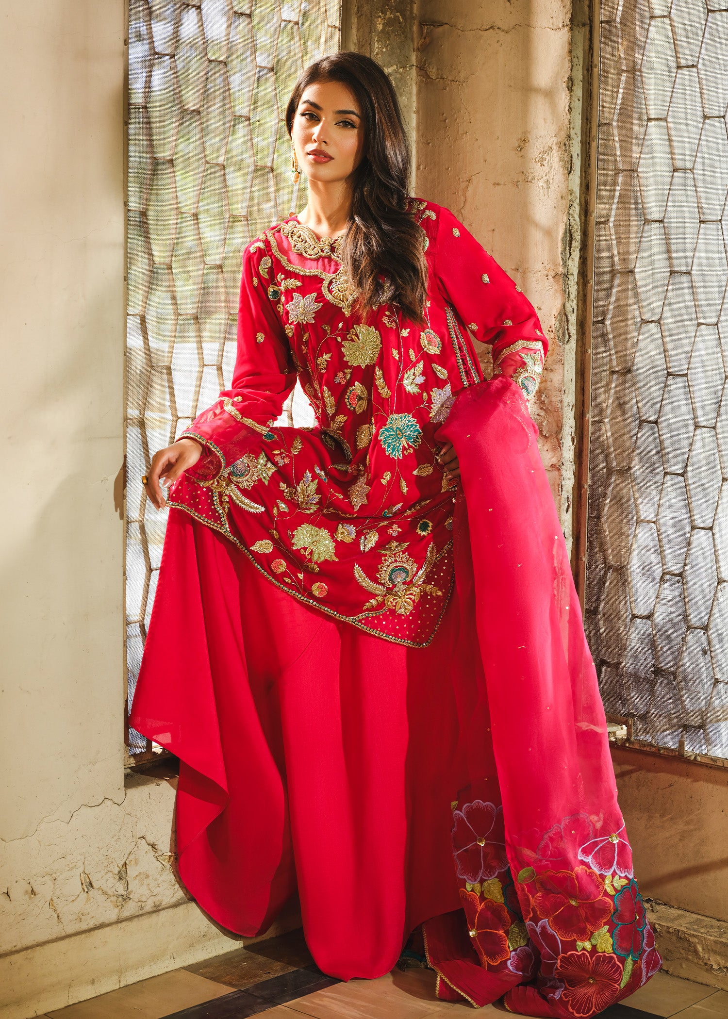 Pakistani Fuchsia Pink Embroidered Velvet Salwar Kameez (3-Piece) - Image 3