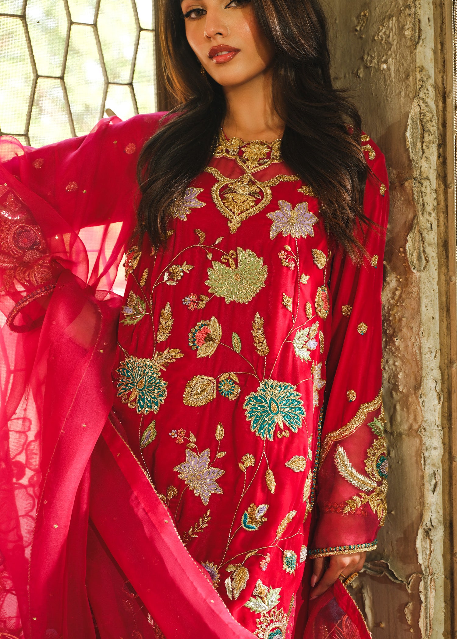 Pakistani Fuchsia Pink Embroidered Velvet Salwar Kameez (3-Piece) - Image 4