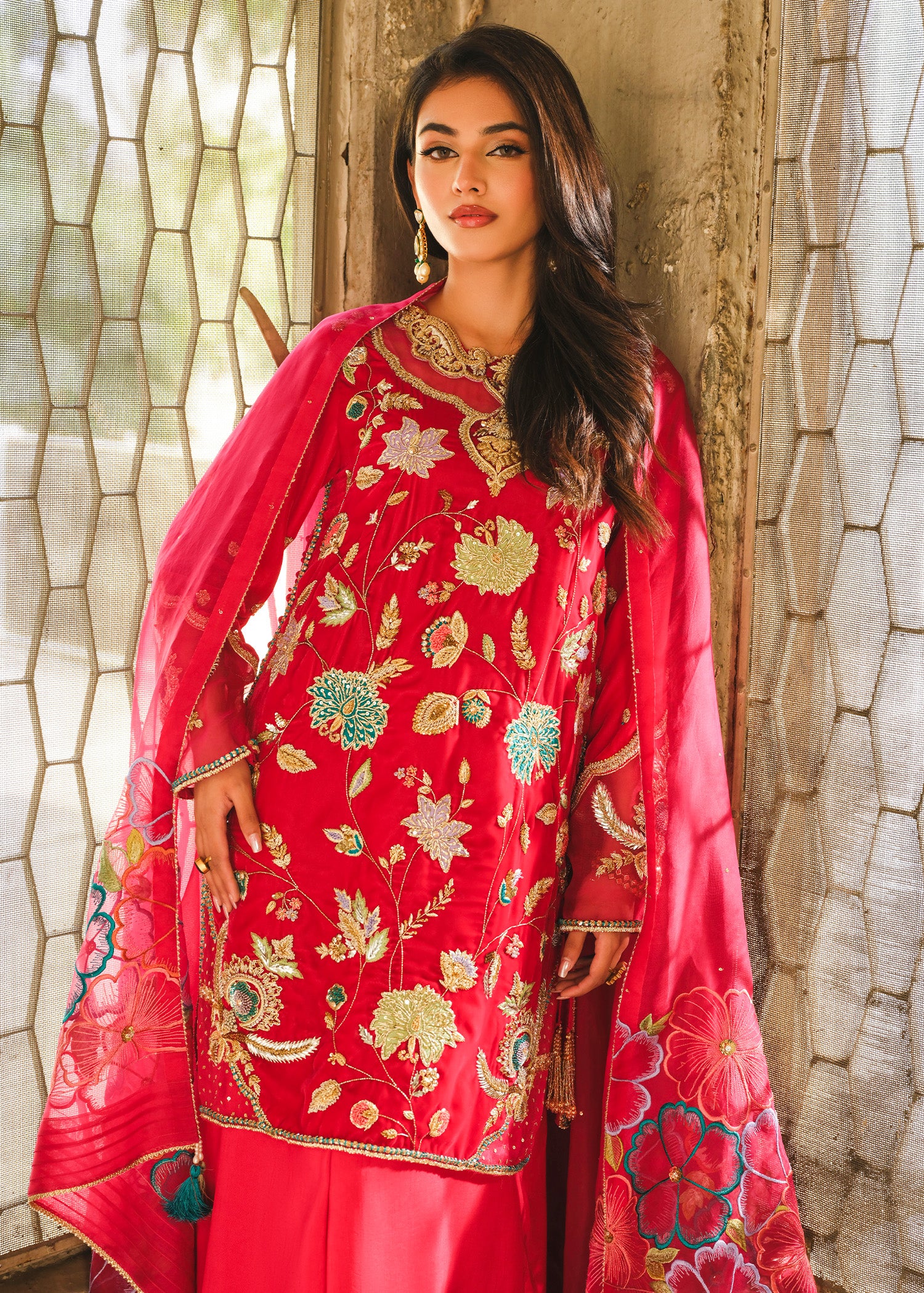 Pakistani Fuchsia Pink Embroidered Velvet Salwar Kameez (3-Piece) - Image 6