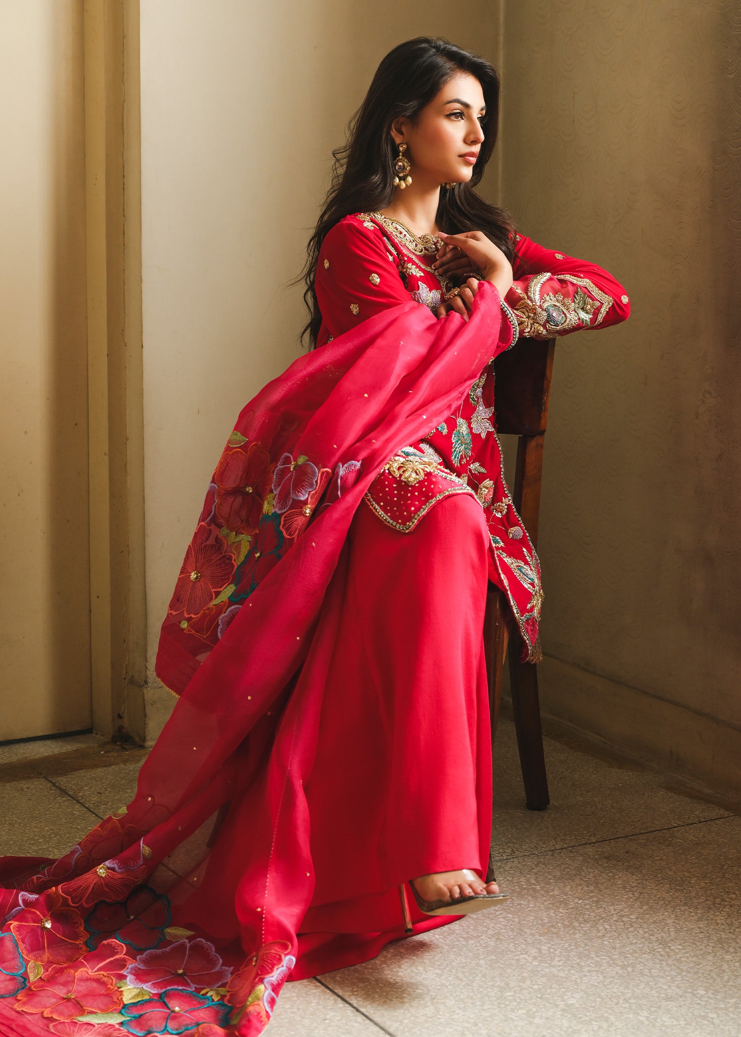 Pakistani Fuchsia Pink Embroidered Velvet Salwar Kameez (3-Piece) - Image 8