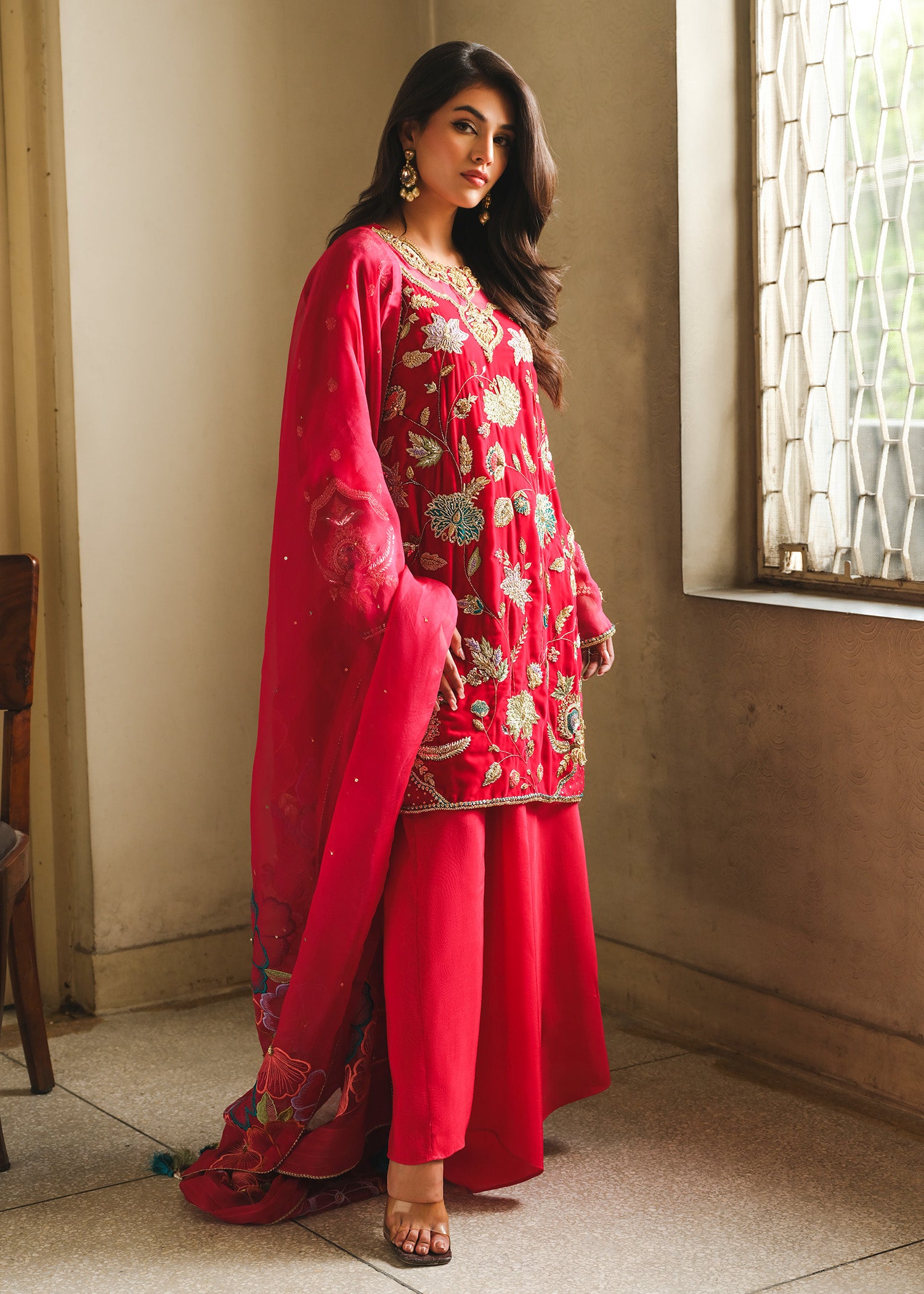 Pakistani Fuchsia Pink Embroidered Velvet Salwar Kameez (3-Piece) - Image 9