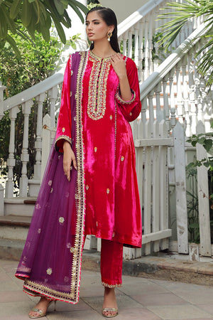 Pakistani Hot Pink Embroidered Pure Velvet Salwar Kameez (3-Piece) - Image 2