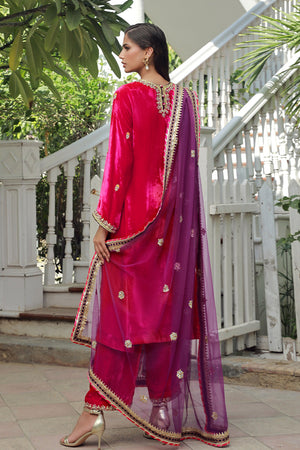 Pakistani Hot Pink Embroidered Pure Velvet Salwar Kameez (3-Piece) - Image 4