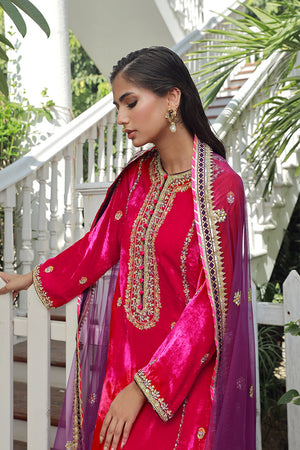 Pakistani Hot Pink Embroidered Pure Velvet Salwar Kameez (3-Piece) - Image 6