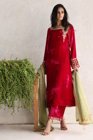 Pakistani Hot Pink Gota Embroidered Velvet Salwar Kameez (3-Piece) - Image 2