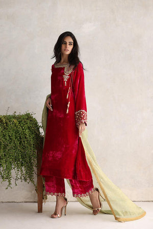 Hot Pink Gota Embroidered Velvet Salwar Kameez (3-Piece) - Image 3