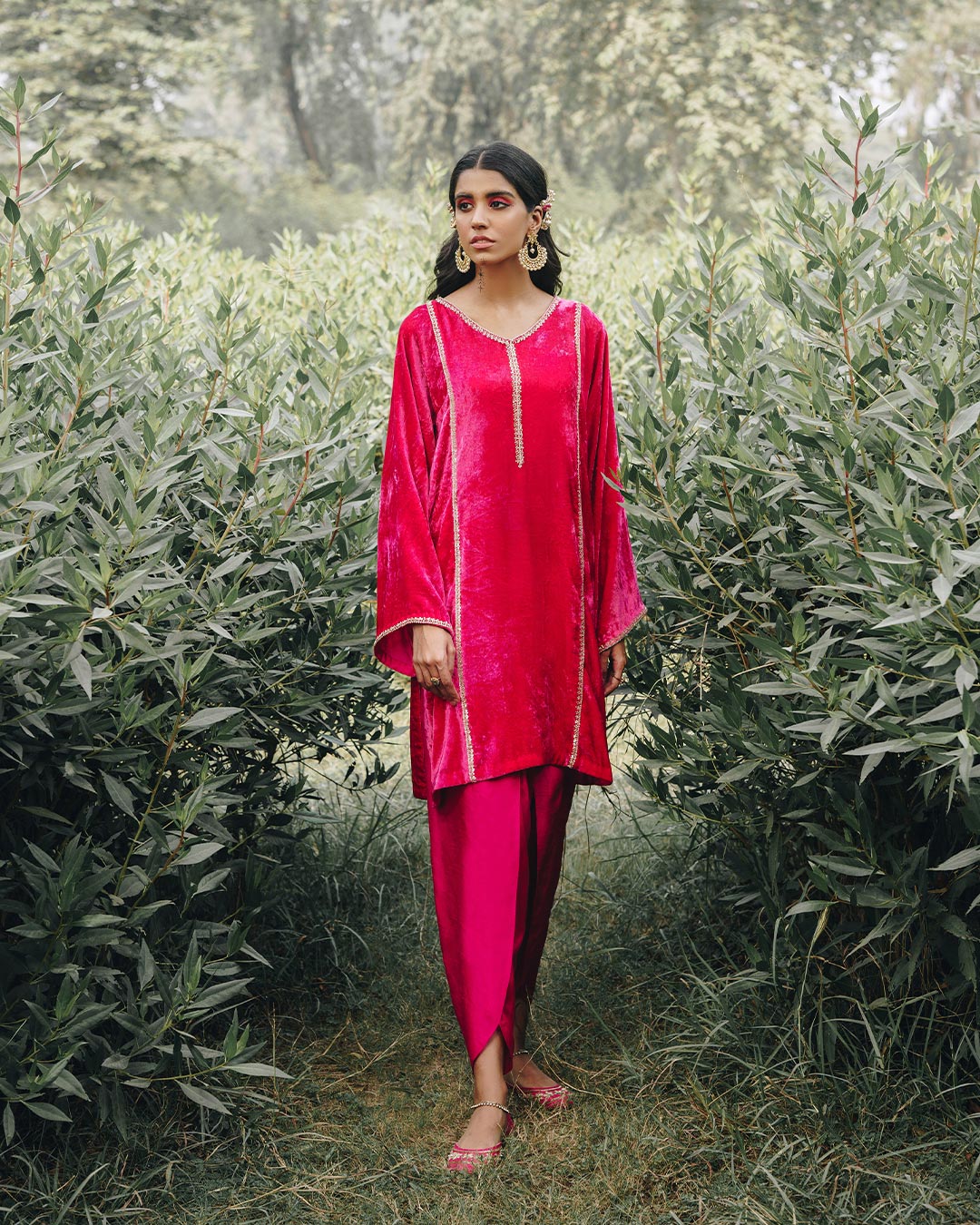 Pakistani Fuchsia Velvet Salwar Kameez with Embroidered Dupatta (3-Piece) - Image 1