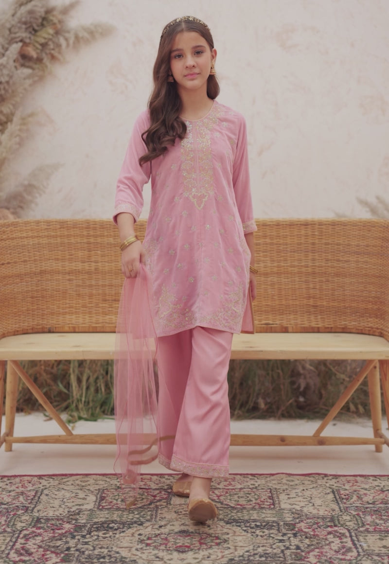 Pakistani Peach Embroidered Velvet Salwar Kameez (3-Piece) - Image 2
