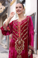 Shocking Pink Embellished Velvet Kurta with Jamawar Shalwar (2-Piece) - Image 3