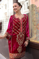 Shocking Pink Embellished Velvet Kurta with Jamawar Shalwar (2-Piece) - Image 4