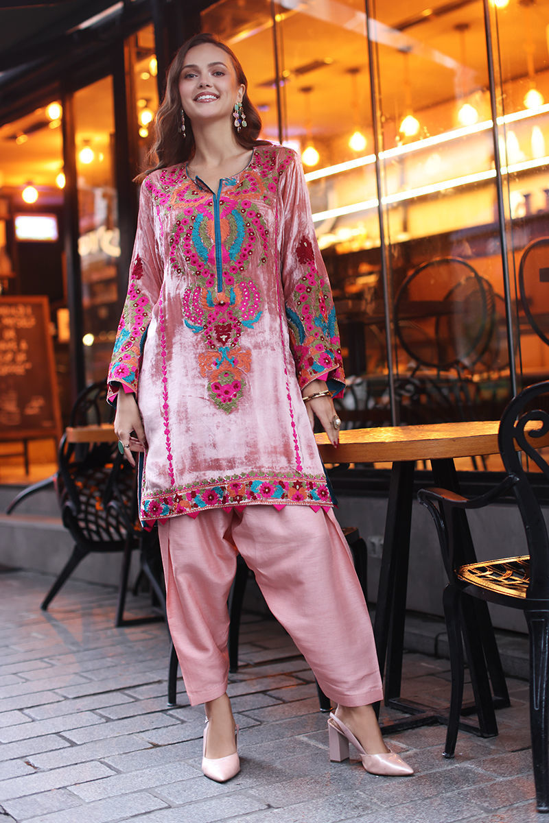 Pink Embroidered Velvet Salwar Kameez (3-Piece) - Image 1
