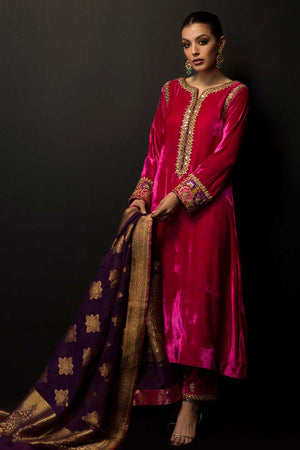 Hot Pink Mirror Work Velvet Salwar Kameez (3-Piece) - Image 2