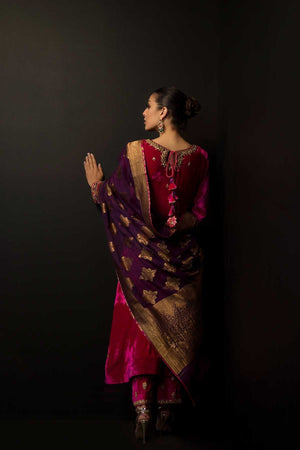 Hot Pink Mirror Work Velvet Salwar Kameez (3-Piece) - Image 3