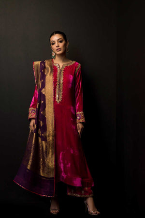 Hot Pink Mirror Work Velvet Salwar Kameez (3-Piece) - Image 1
