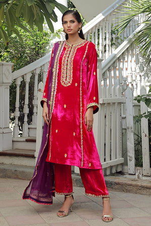 Pakistani Hot Pink Embellished Velvet Salwar Kameez (3-Piece) - Image 1