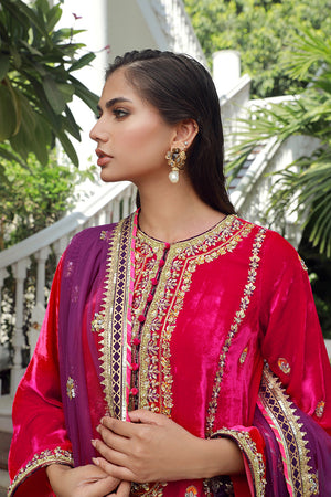 Pakistani Hot Pink Embellished Velvet Salwar Kameez (3-Piece) - Image 5