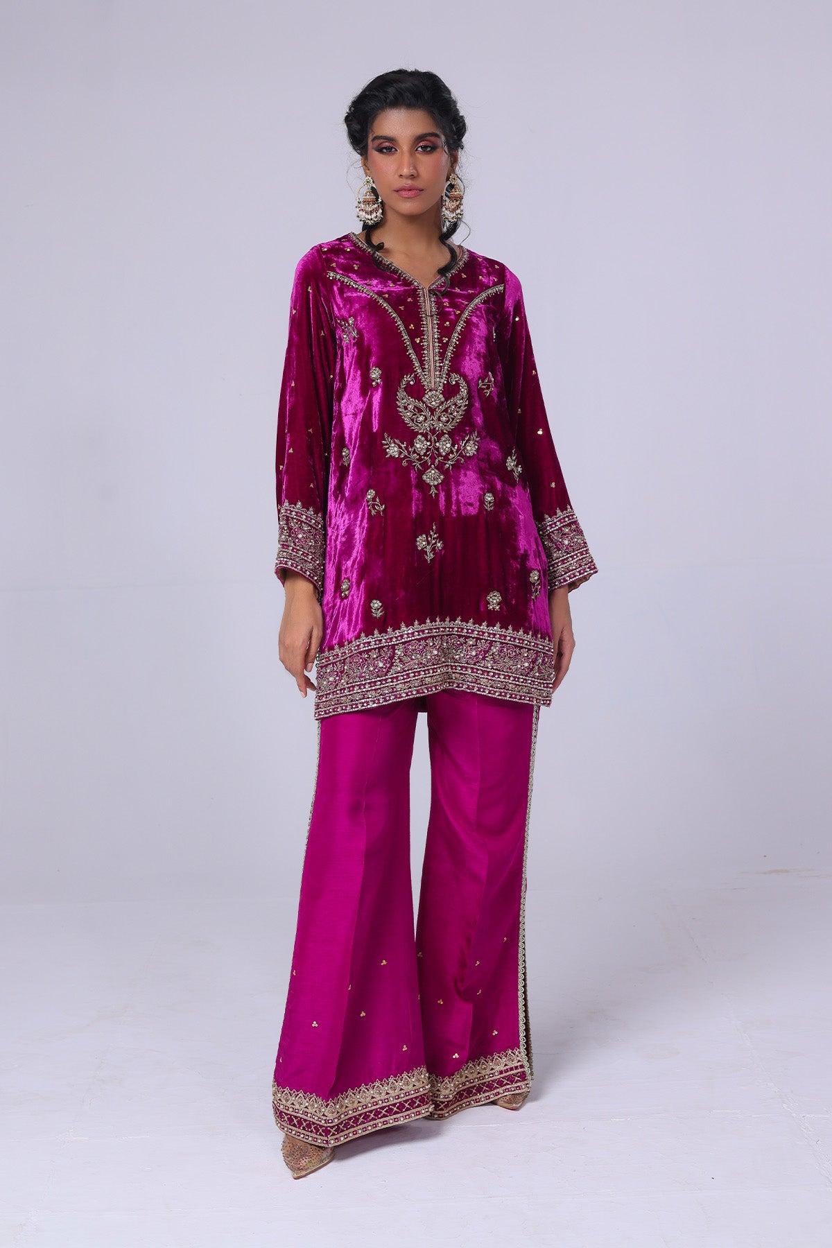 Pakistani Magenta Embroidered Velvet & Raw Silk Salwar Kameez (2-Piece) - Image 1
