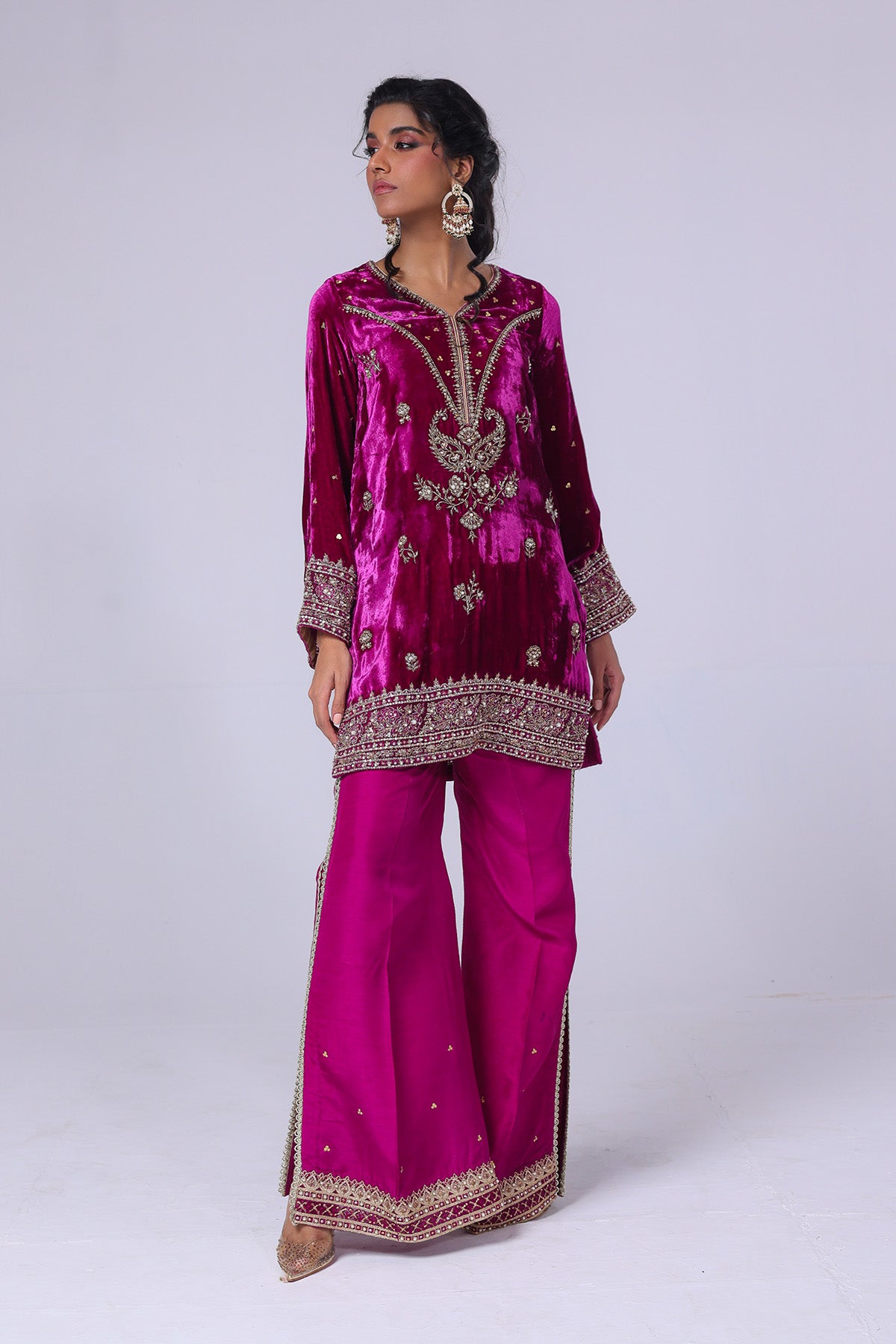 Pakistani Magenta Embroidered Velvet & Raw Silk Salwar Kameez (2-Piece) - Image 2