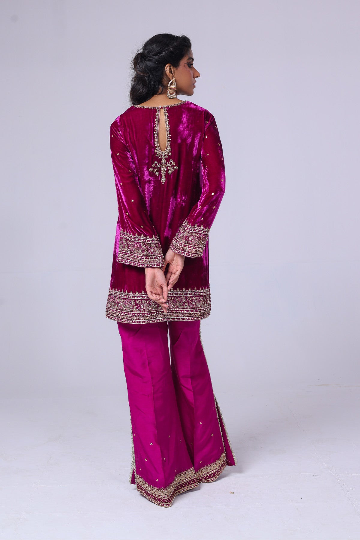Pakistani Magenta Embroidered Velvet & Raw Silk Salwar Kameez (2-Piece) - Image 3