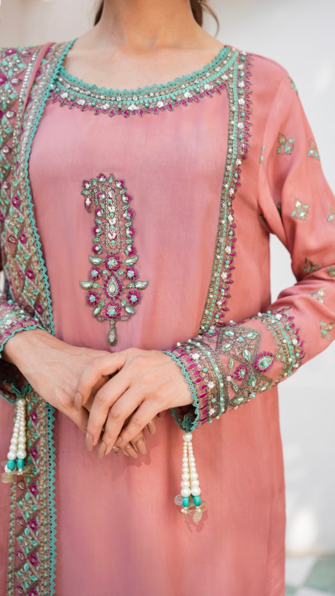 Antique Mauve Embroidered Viscose Silk Salwar Kameez (3-Piece) - Image 5