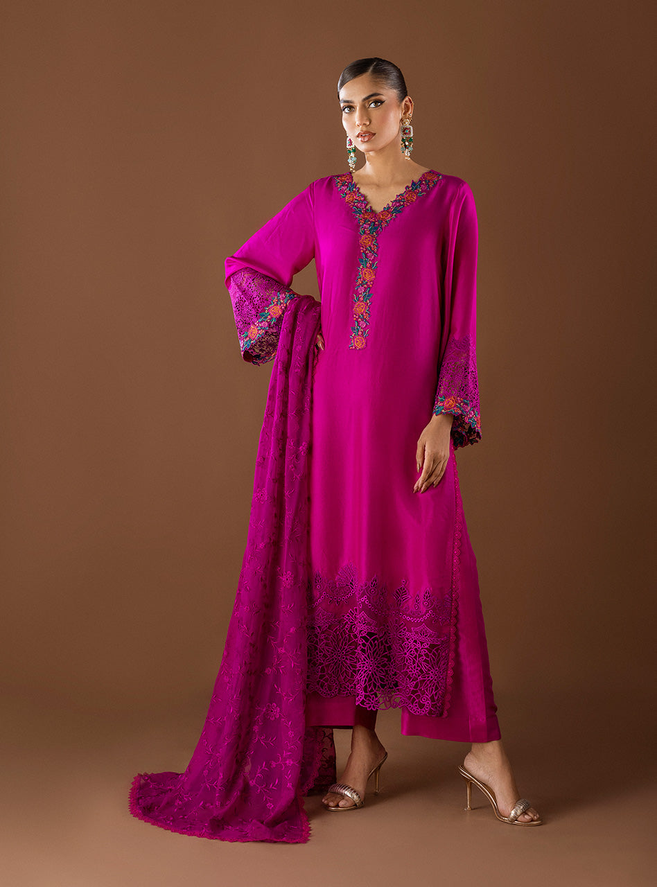 Magenta Embroidered Viscose Silk Salwar Kameez (3-Piece) - Image 1