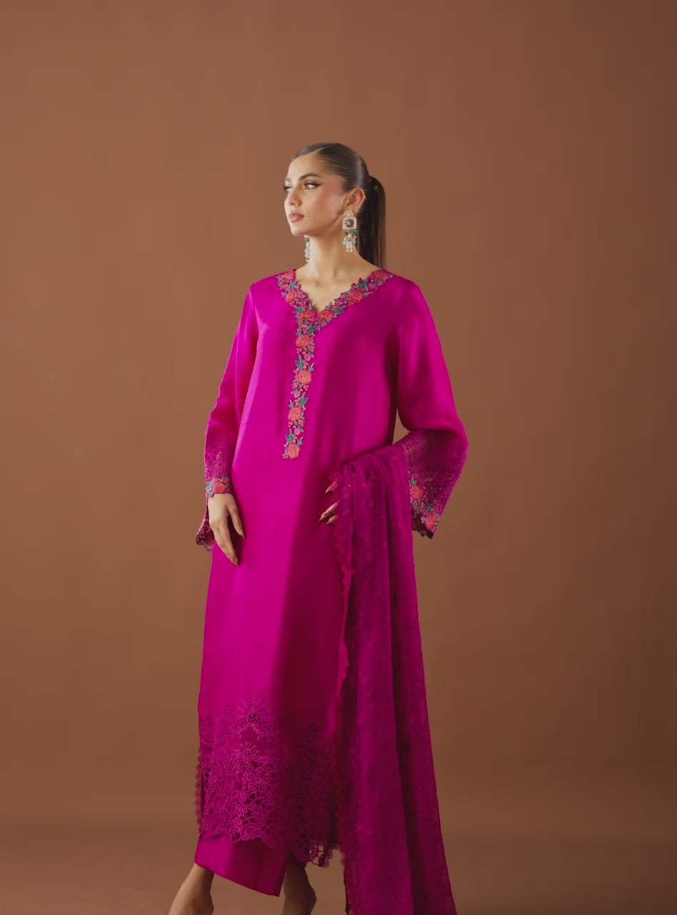 Magenta Embroidered Viscose Silk Salwar Kameez (3-Piece) - Image 9