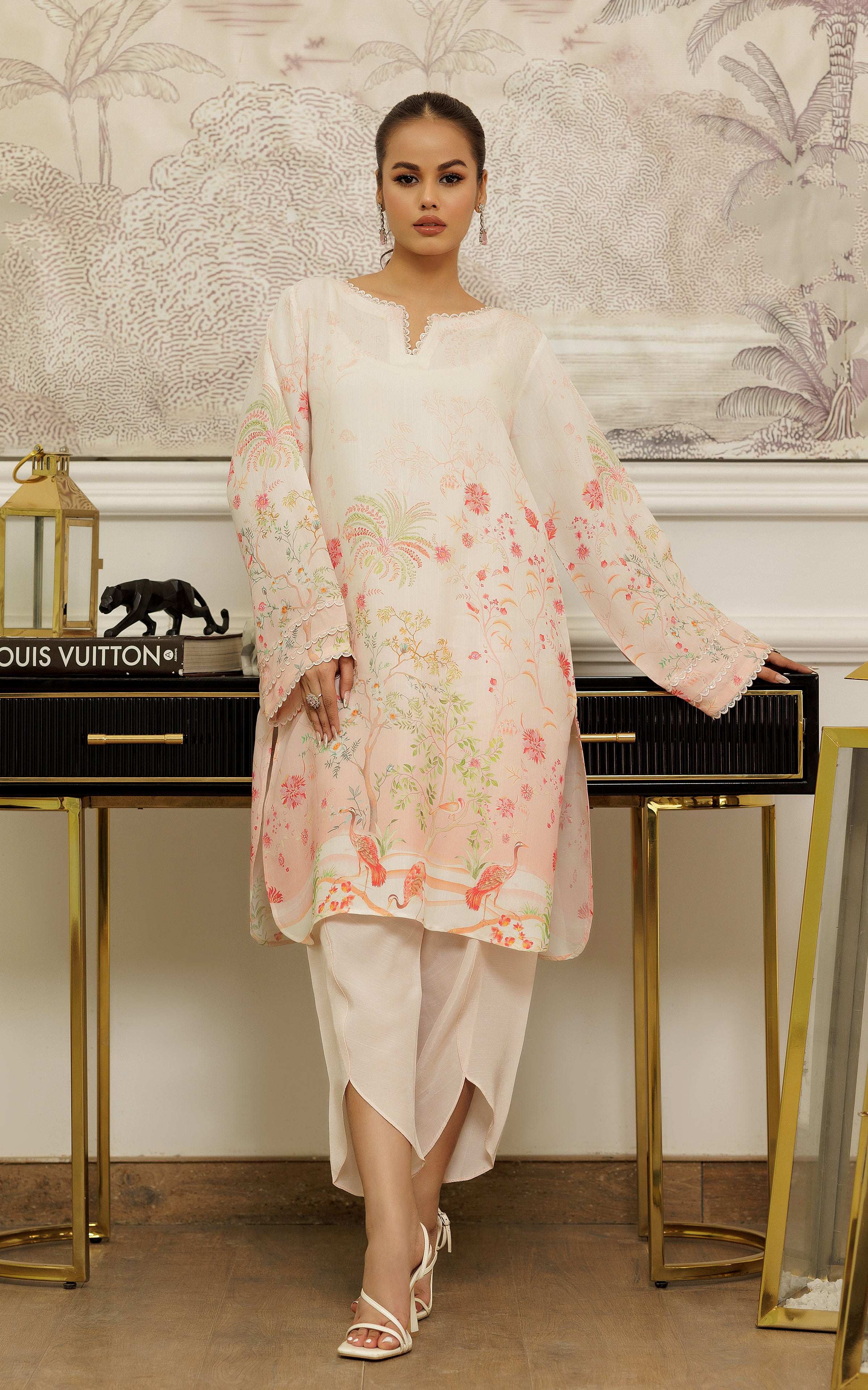 Pakistani Peach Embroidered Viscose Silk Tunic (2-Piece) - Image 1