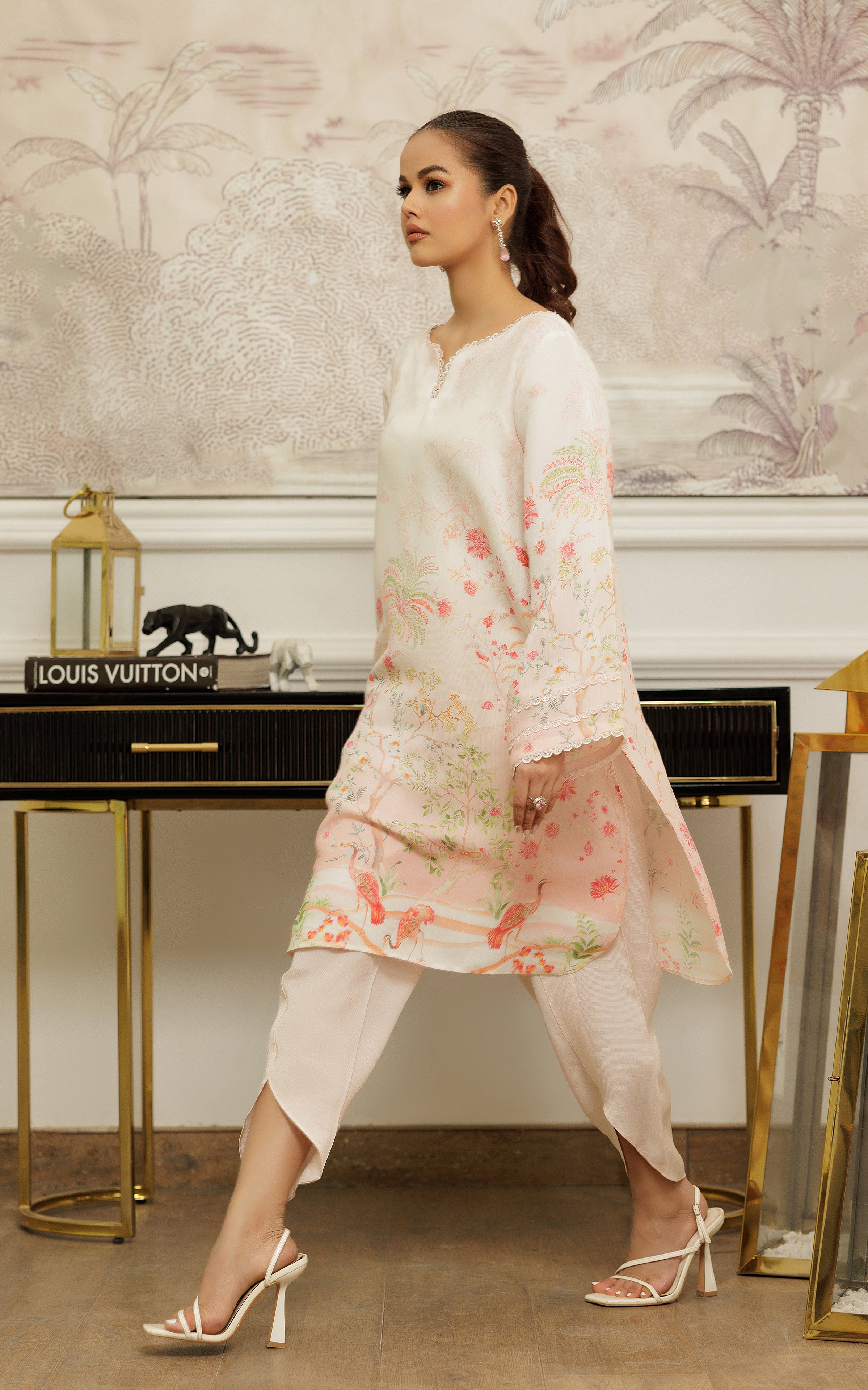 Pakistani Peach Embroidered Viscose Silk Tunic (2-Piece) - Image 2