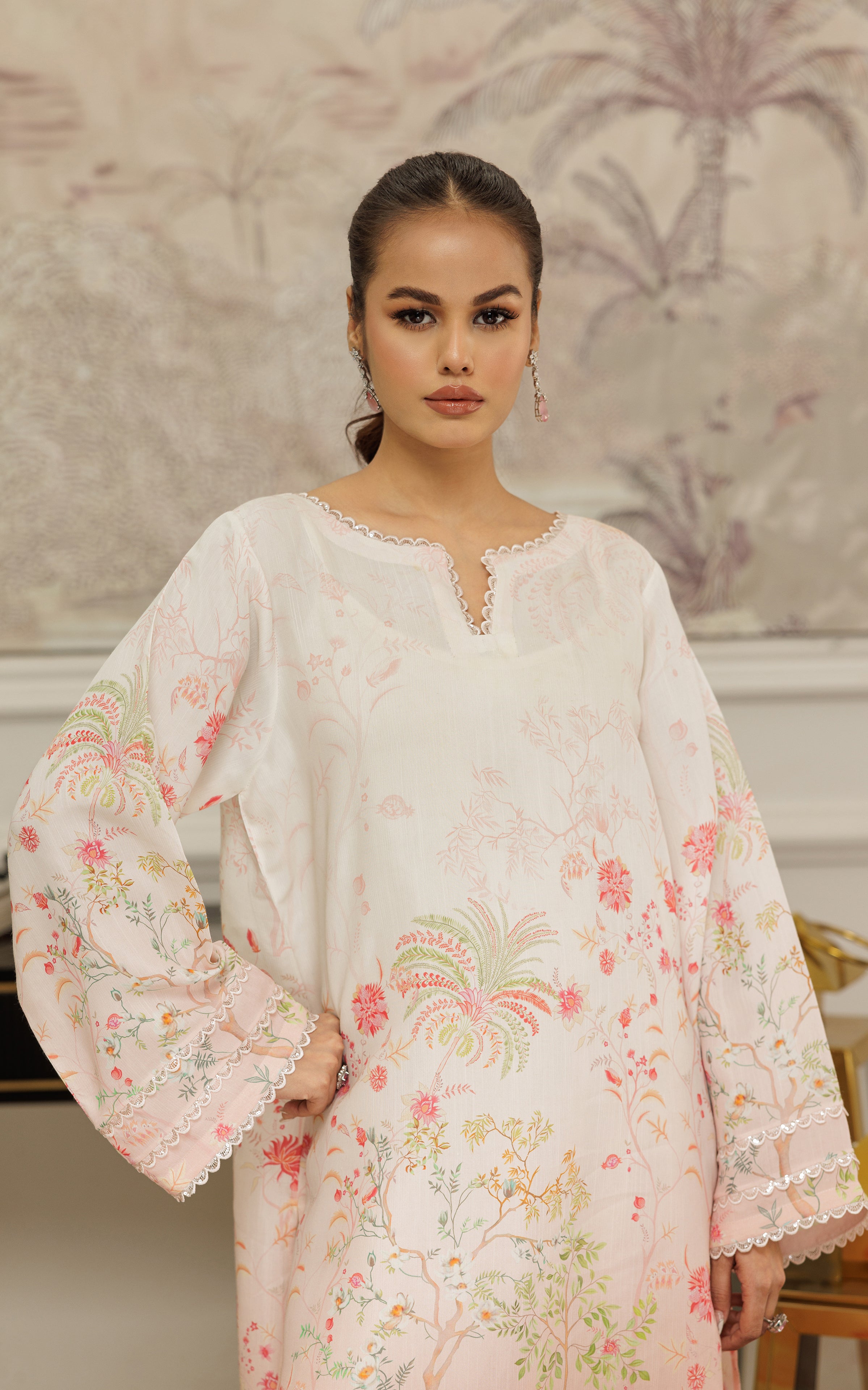 Pakistani Peach Embroidered Viscose Silk Tunic (2-Piece) - Image 5