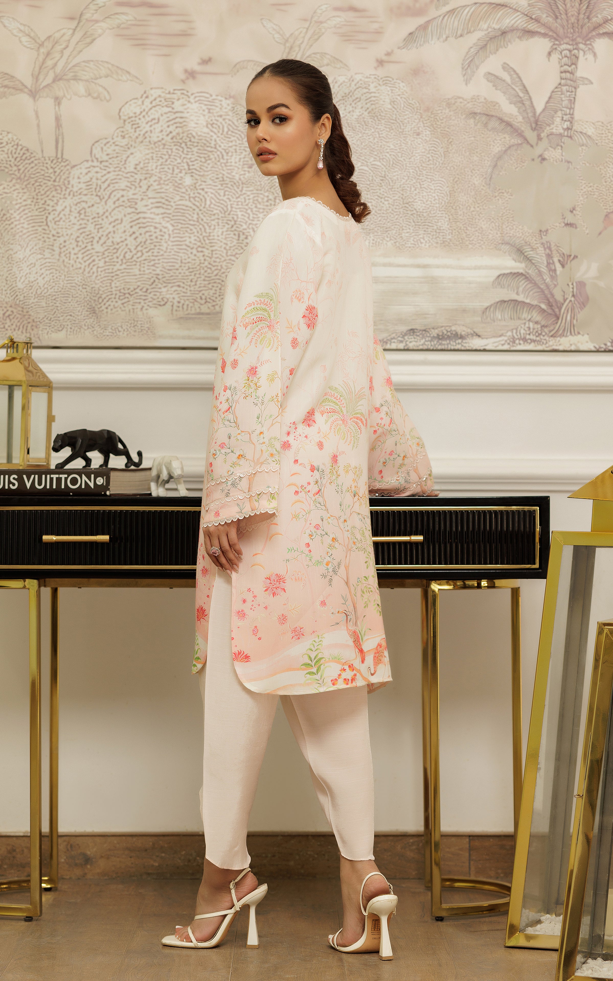 Pakistani Peach Embroidered Viscose Silk Tunic (2-Piece) - Image 8