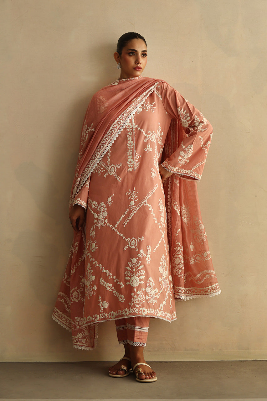 Blush Pink Embroidered Voile Cotton Kurta Set (3-Piece) - Image 1